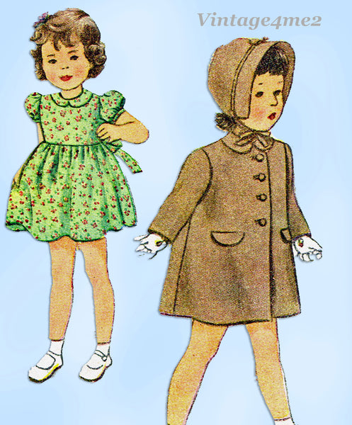 1940s Vintage Simplicity Sewing Pattern 2200 Baby Girls Dress Coat & Bonnet Sz 2