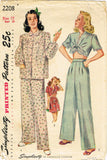 1940s Vintage Simplicity Sewing Pattern 2208 Misses Two Piece Pajamas Size 30 B