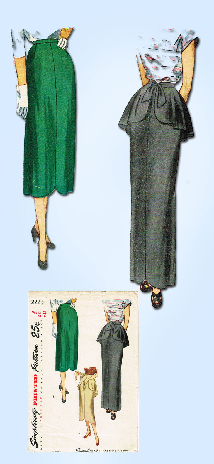 1940s Vintage Simplicity Sewing Pattern 2223 Misses Skirt w Tie On Pep ...
