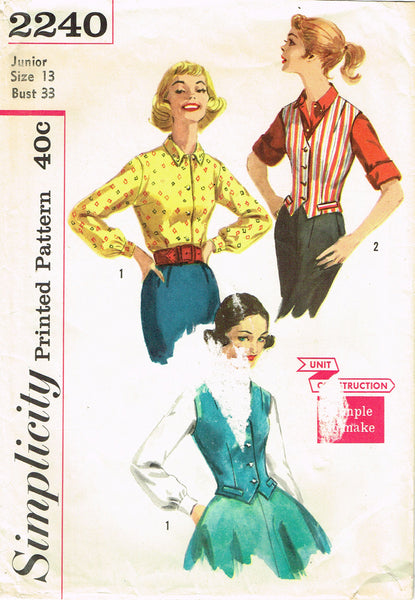 1950s Vintage Simplicity Sewing Pattern 2240 Easy Misses Blouse & Weskit