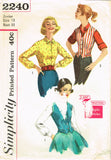1950s Vintage Simplicity Sewing Pattern 2240 Easy Misses Blouse & Weskit