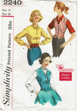1950s Vintage Simplicity Sewing Pattern 2240 Easy Misses Blouse & Weskit