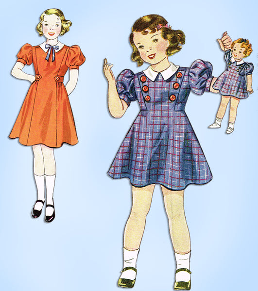 1930s Vintage Simplicity Sewing Pattern 2249 Toddler Girls Dress w Matching Doll