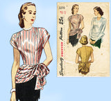 Simplicity 2270: 1940s Chic Misses Peplum Blouse Sz 30 B Vintage Sewing Pattern