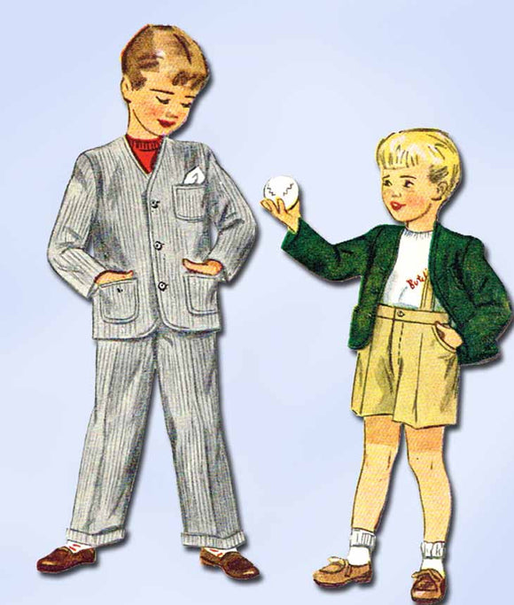 1940s Vintage Simplicity Sewing Pattern 2334 Boys Suit w Shorts or Pants Sz 4