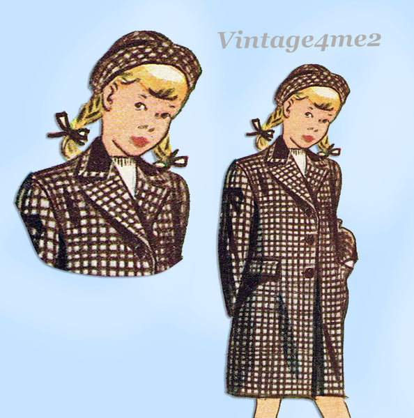 1940s Vintage Simplicity Sewing Pattern 2353 Uncut Girls Coat & Hat Size 8