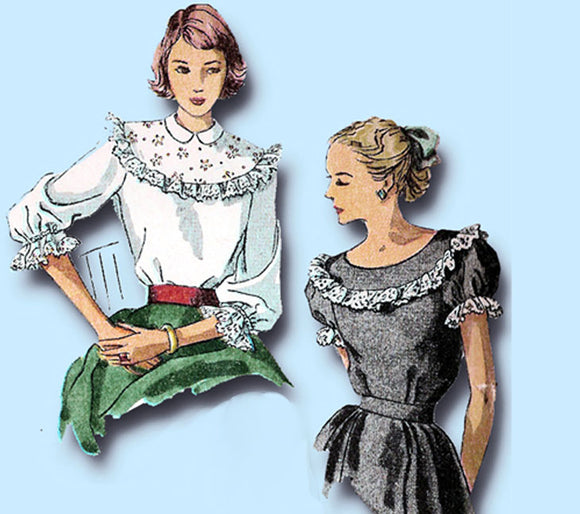 1940s Original Vintage Simplicity Pattern 2483 Charming Misses Blouse Size 32 B - Vintage4me2