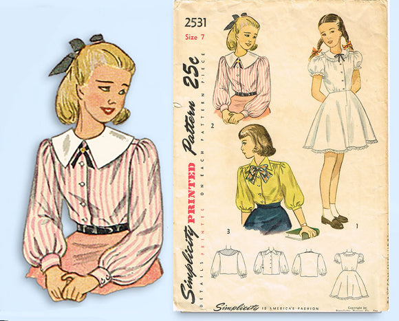 1940s Vintage Simplicity Sewing Pattern 2531 Girls Combination Blouse Slip Sz 7