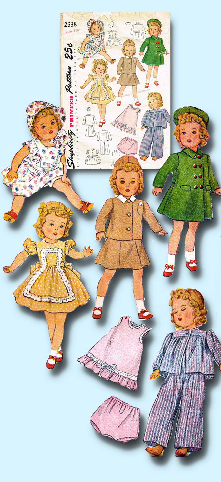 1940s Original Vintage Simplicity Pattern 2538 Cute WWII 16 Inch Doll  Clothes, image size:730x1591