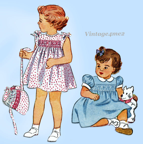 1940s Vintage Simplicity Sewing Pattern 2553 Baby Girls Smocked Dress & Bonnet 1
