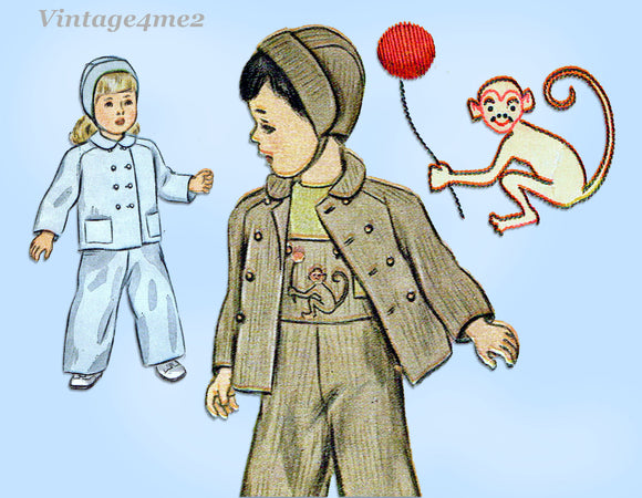 1940s Vintage Simplicity Sewing Pattern 2562 Toddler's Monkey Overalls & Jacket Sz 1