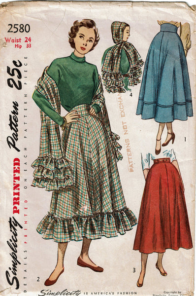 Simplicity 2580: 1940s Charming Misses Ruffled Skirt & Stole Vintage Sewing Pattern