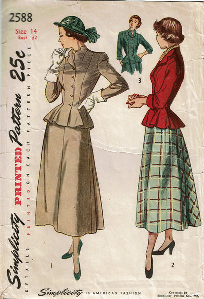 Simplicity 2588: 1940s Stunning Misses Peplum Suit Vintage Sewing Pattern