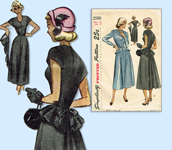 1940s Original Vintage Simplicity Sewing Pattern 2590 Misses Peplum Dress 34 B
