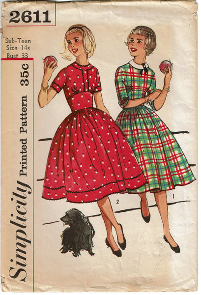 Simplicity 2611: 1950s Teen Misses Day Dress Size 33 B Vintage Sewing Pattern