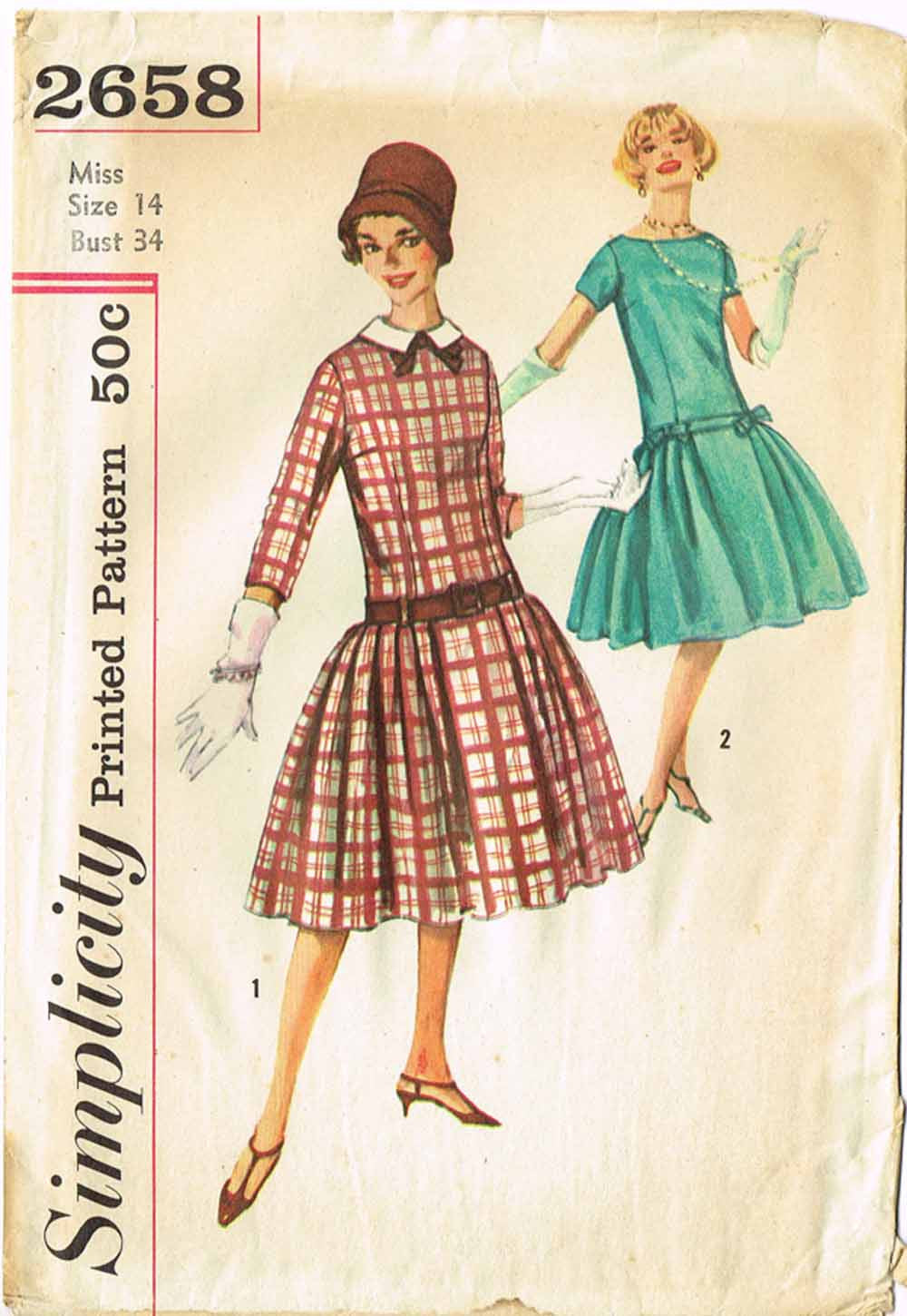 1950s Vintage Simplicity Sewing Pattern 2658 FF Misses Drop Waist Dres ...