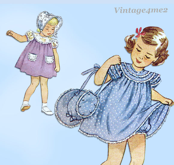 1940s Vintage Simplicity Sewing Pattern 2688 Toddler Girls Dress and Bonnet 6mos