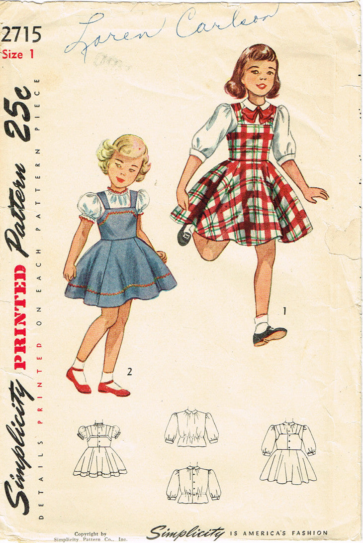 1940s Vintage Simplicity Sewing Pattern 2715 Baby Girls Jumper Dress –  Vintage4me2