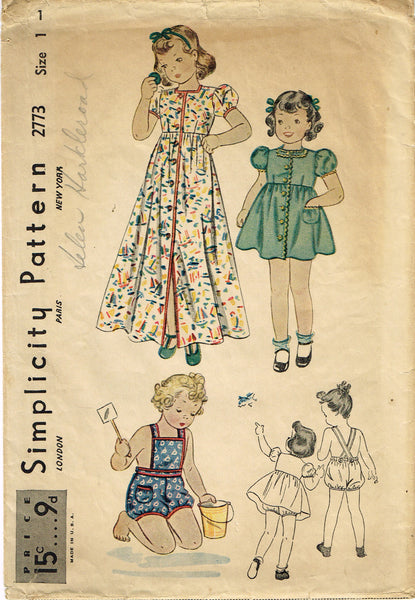 Simplicity 2773: 1930s Cute Baby Girls Romper & Beach Coat Sz1 Vintage Sewing Pattern