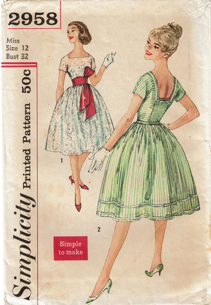 1950s Vintage Simplicity Sewing Pattern 2958 Uncut Easy Misses Party Dress 32 B