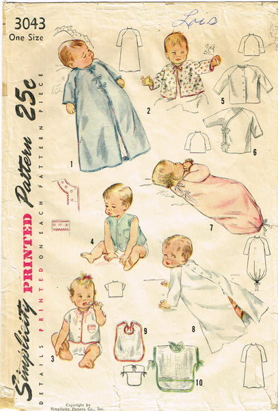 1940s Vintage Simplicity Sewing Pattern 3043 Sweet Baby Infant Layette Set ORIG