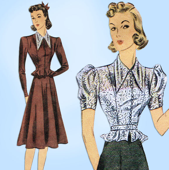 1940s Vintage Simplicity Sewing Pattern 3143 Misses 2 Pc Peplum Dress Size 34 B -Vintage4me2