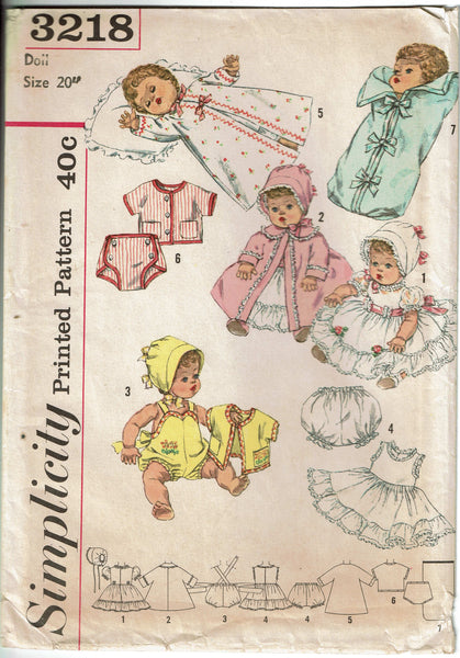 1960s Vintage Simplicity Sewing Pattern 3218 20 Inch Baby Doll Clothes Set
