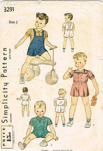 1940s Vintage Simplicity Sewing Pattern 3291 WWII Toddler Boys Romper Size 2