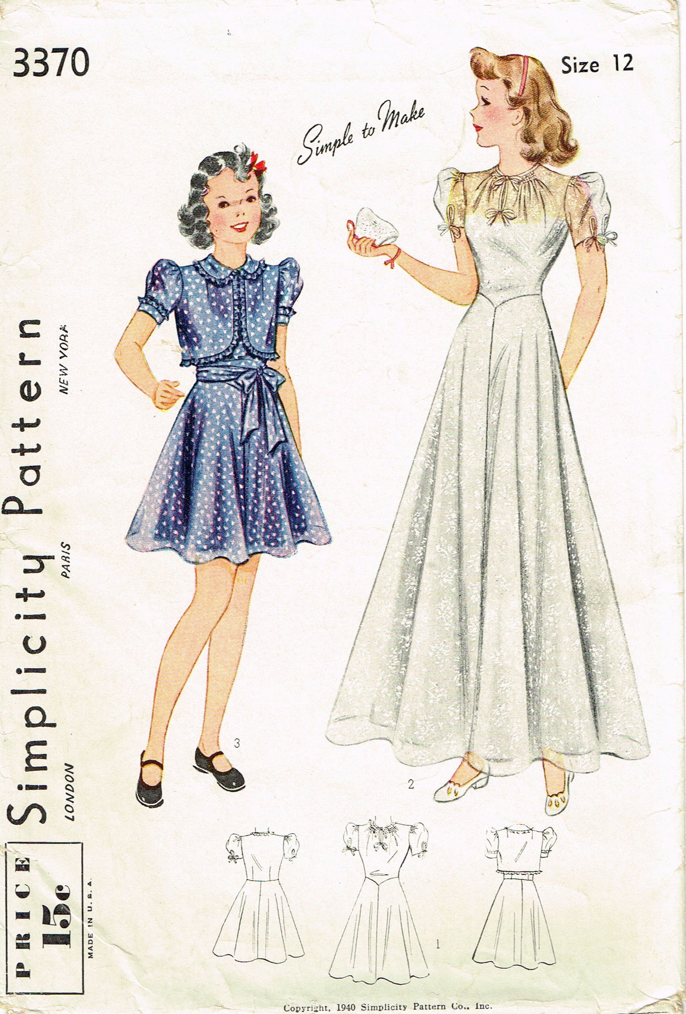 1940s Vintage Simplicity Sewing Pattern 3370 Uncut Girls Gown Sz 12 Vintage4me2 1940s Vintage Simplicity Sewing Pattern 3370 Uncut Girls Gown Sz 12 Vintage4me2