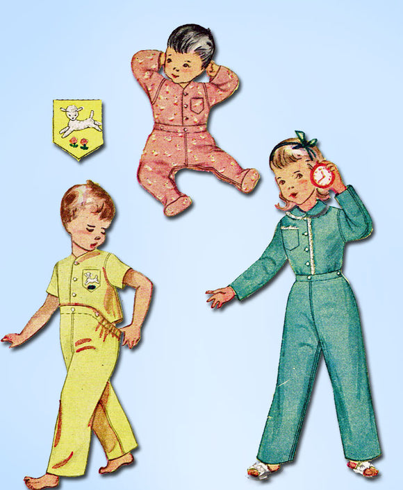 1950s Vintage Simplicity Sewing Pattern 3377 Baby Footie 2 Piece Pajamas Size 1