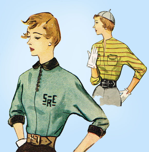 1950s Vintage Simplicity Sewing Pattern 3381 Easy Misses Monogram Blouse Sz 34 B - Vintage4me2