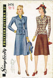 1940s Vintage Simplicity Sewing Pattern 3476 Stylish WWII Misses Suit Size 30 B