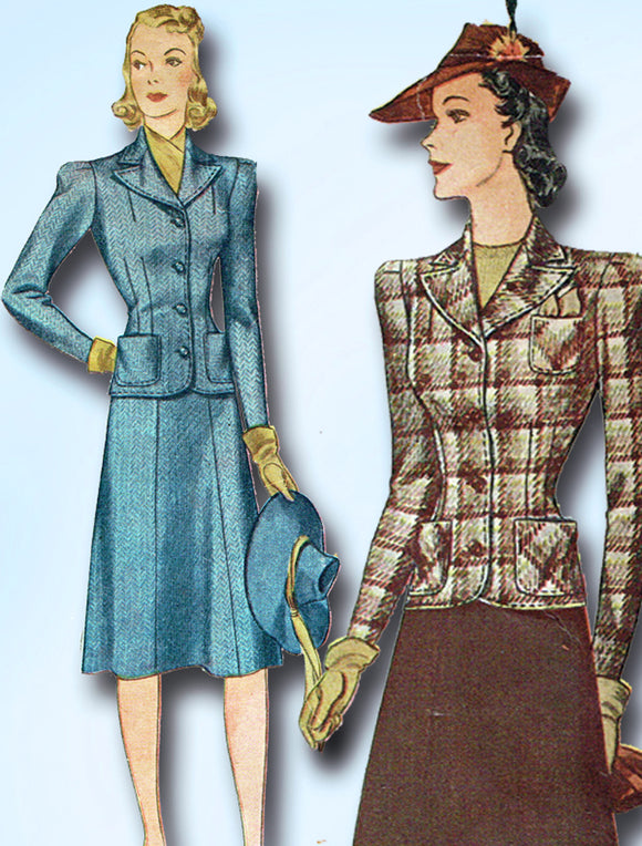 1940s Vintage Simplicity Sewing Pattern 3476 Stylish WWII Misses Suit Size 30 B