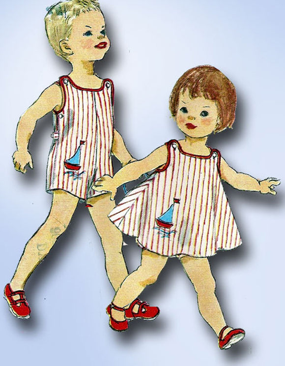 1960s Vintage Simplicity Sewing Pattern 3497 Baby Boys Girls Romper Dress Size 2