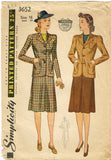 1940s Original Vintage Simplicity Pattern 3652 WWII Misses Tailored Suit Sz 34 B