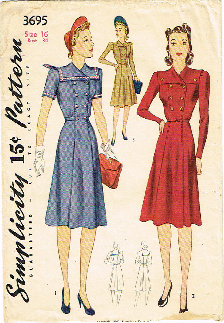 1940s Vintage Simplicity Sewing Pattern 3695 Misses Sailor Dress 34 B ...