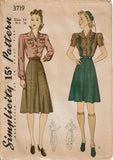 1940s Vintage Simplicity Sewing Pattern 3719 FF WWII Misses Skirt & Blouse 32 B