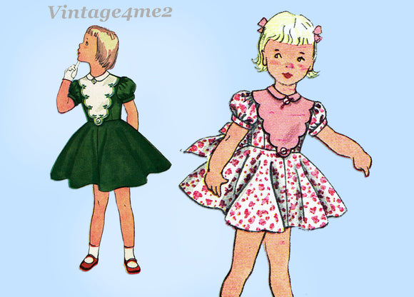 1950s Vintage Simplicity Sewing Pattern 3753 Toddler Girls Dress & Plastron Bib Sz6