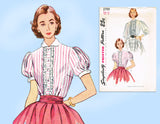 1950s Vintage Simplicity Sewing Pattern 3799 Misses Blouse w Puffed Sleeves Sz 30 B