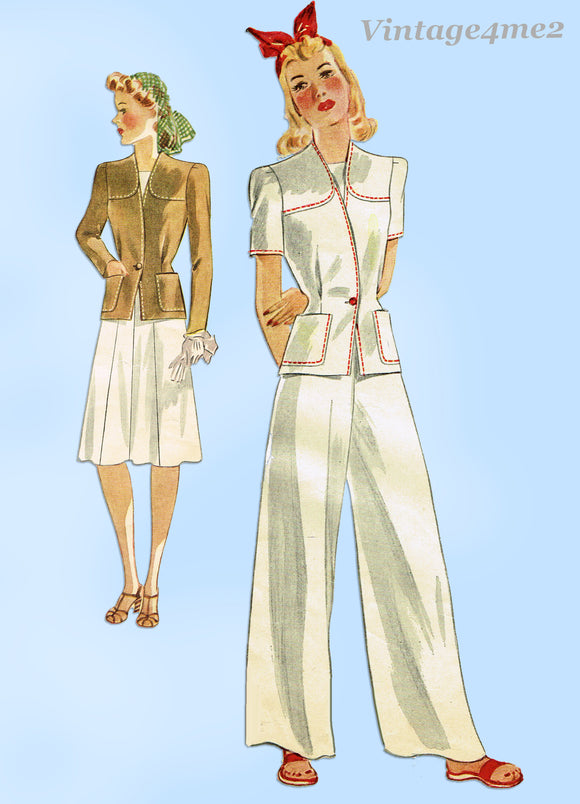 Simplicity 3848: 1940s Rare WWII Misses Pants Suit Sz 32 B Vintage Sewing Pattern