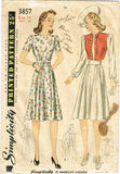 Simplicity 3857: 1940s Charming Misses WWII Dress Sz 32 B Vintage Sewing Pattern