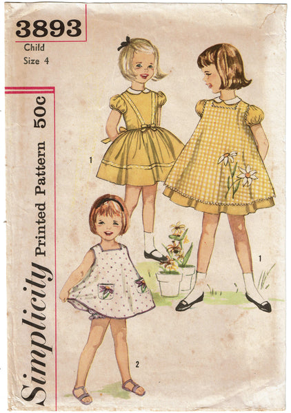 1960s Vintage Simplicity Sewing Pattern 3893 Cute Girls Dress & Pinafore Size 4