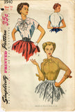 1950s Vintage Simplicity Sewing Pattern 3940 Misses Tied Raglan Blouse 32B