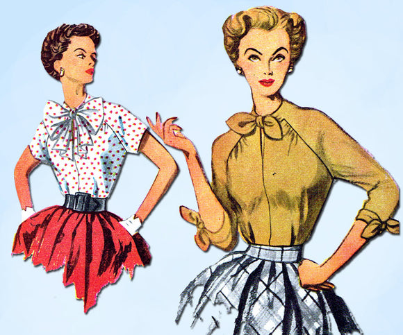 1950s Vintage Simplicity Sewing Pattern 3940 Misses Tied Raglan Blouse 32B