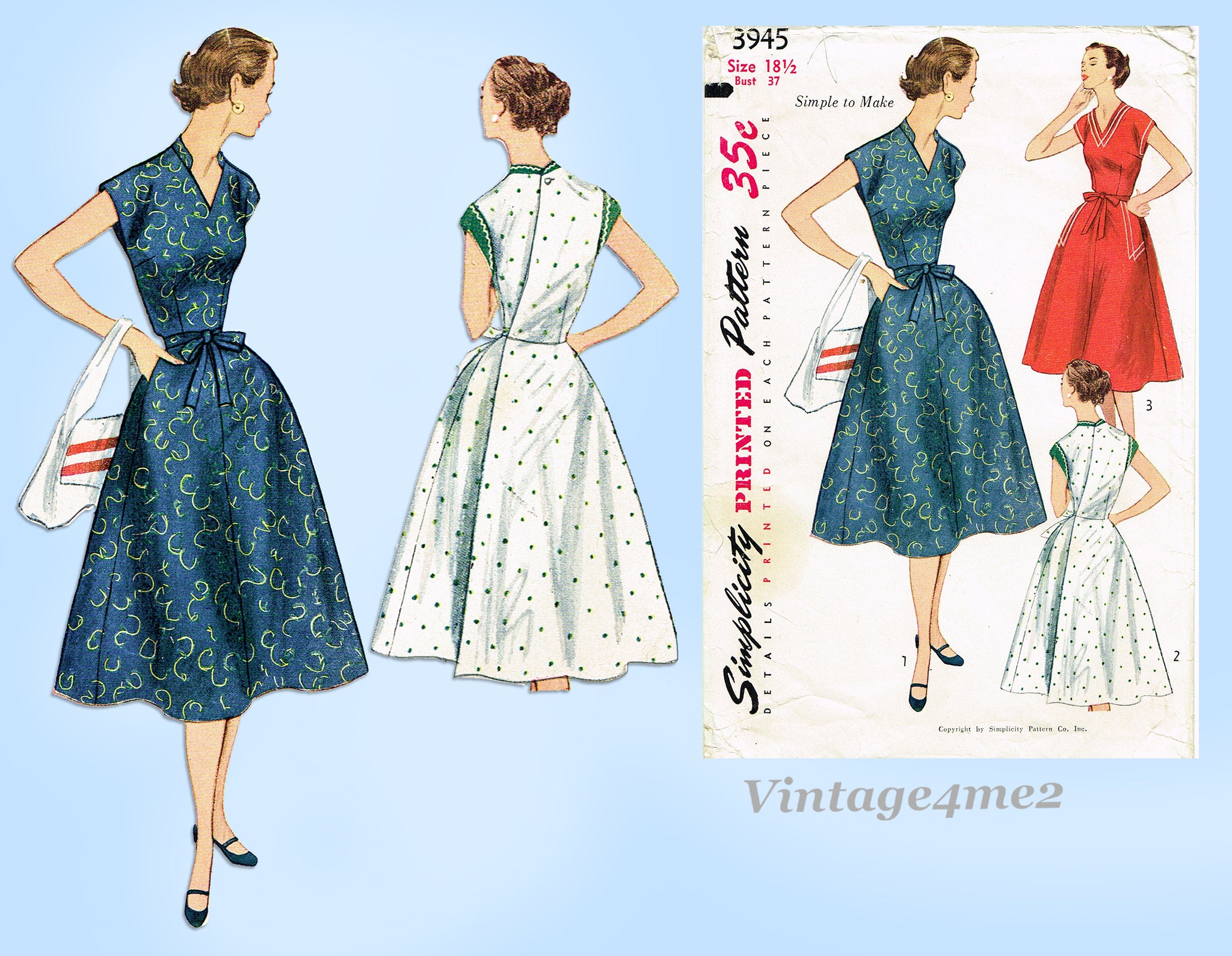 vintage wrap dress Simplicity 3945: 1950s Charming Misses Wrap Dress Sz 37 B Vintage Sewi –  Vintage4me2