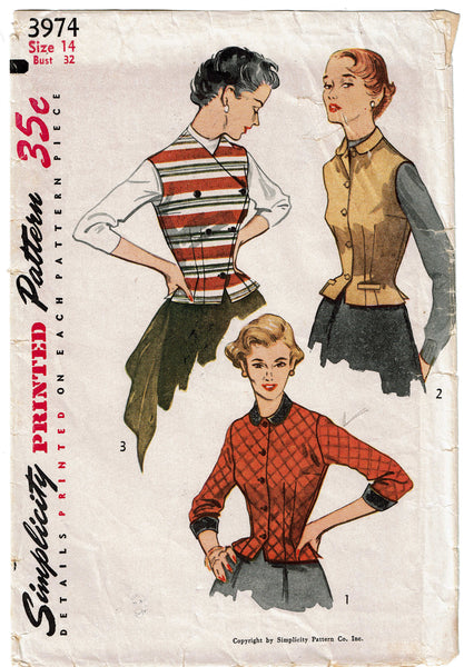 Simplicity 3974: 1950s Misses Fitted Vest or Jacket 32 B Vintage Sewing Pattern