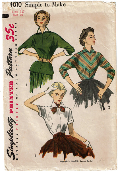 1950s Vintage Simplicity Sewing Pattern 4010 Easy Misses Kimono Blouse Size 30 B