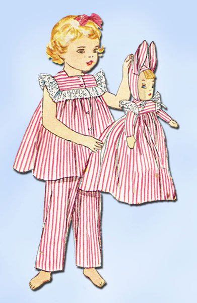1950s Vintage Simplicity Sewing Pattern 4025 Uncut Toddler Girls Pjs & Doll Sz4