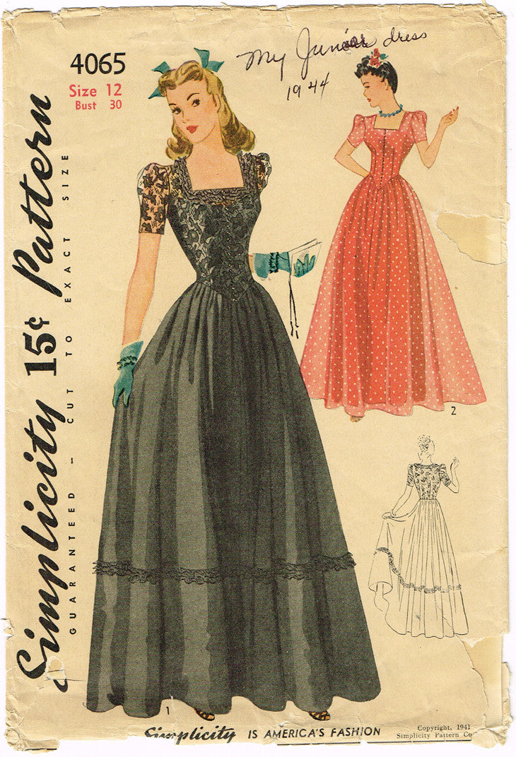 1940s Vintage Simplicity Sewing Pattern 4065 WWII Misses Evening Gown – Vintage4me2