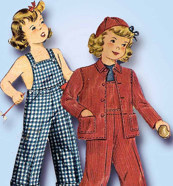 1940s Vintage Simplicity Sewing Pattern 4114 WWII Childs Overalls & Jacket Sz 4